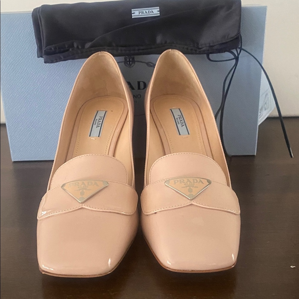 Prada Nude Patent Leather Block Heel Loafers